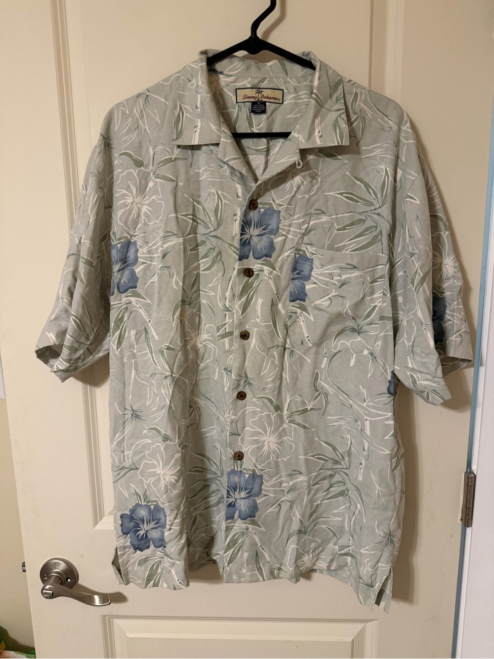 Tommy Bahama Pale Green Floral Camp Shirt with Blue Blooms